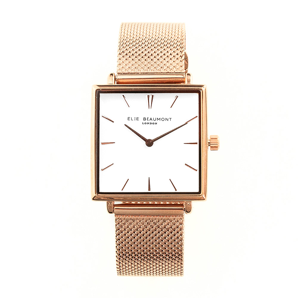 Elie Beaumont Personalised Ladies Rose Gold Metallic Square Watch - treat-republic