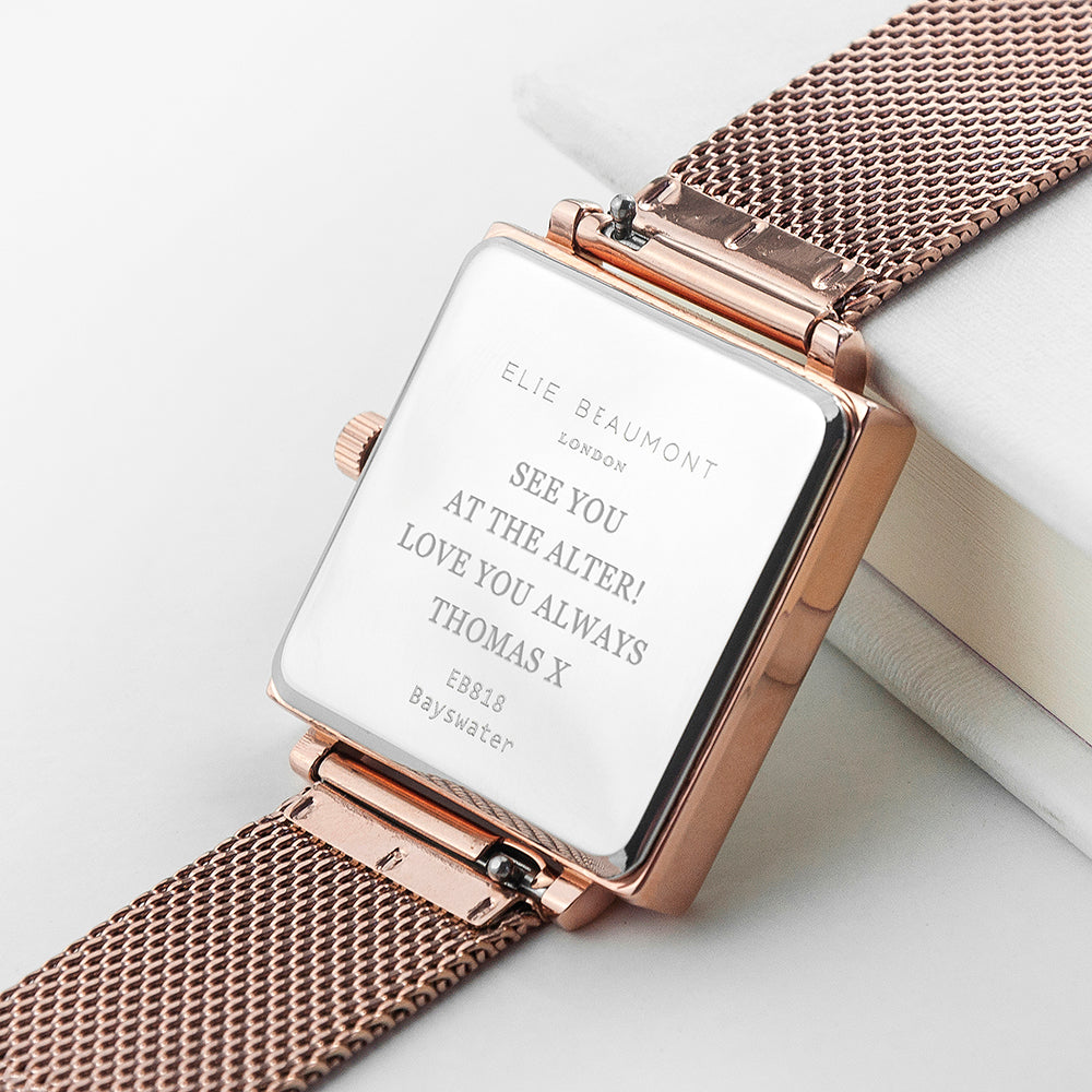 Elie Beaumont Personalised Ladies Rose Gold Metallic Square Watch - treat-republic