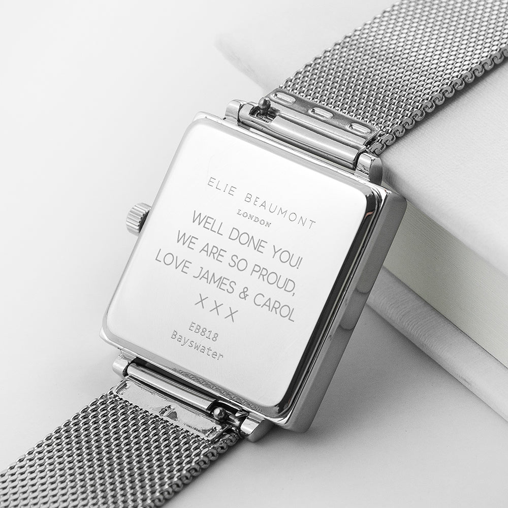 Elie Beaumont Personalised Ladies Silver Metallic Square Watch - treat-republic