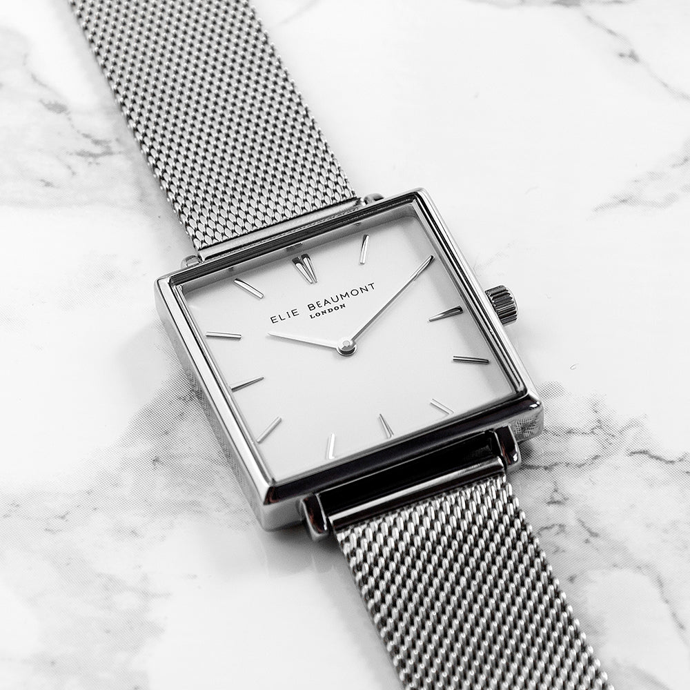 Elie Beaumont Personalised Ladies Silver Metallic Square Watch - treat-republic