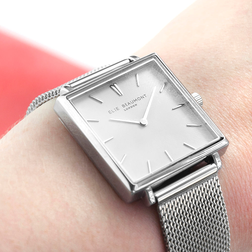 Elie Beaumont Personalised Ladies Silver Metallic Square Watch - treat-republic