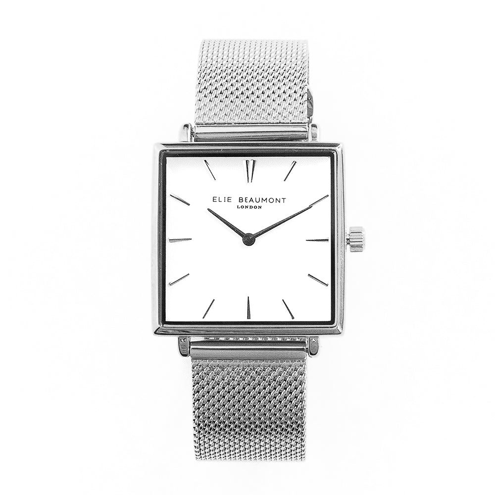 Elie Beaumont Personalised Ladies Silver Metallic Square Watch - treat-republic