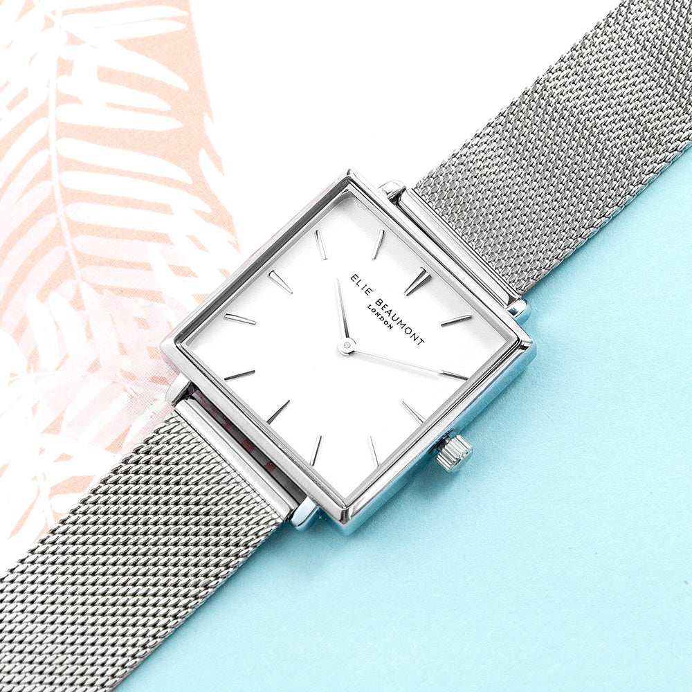 Elie Beaumont Personalised Ladies Silver Metallic Square Watch - treat-republic