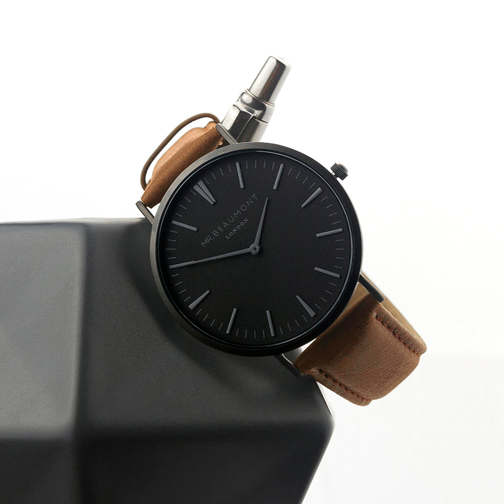 Mr Beaumont Mens Personalised Watch With Black Face in Camel - treat-republic