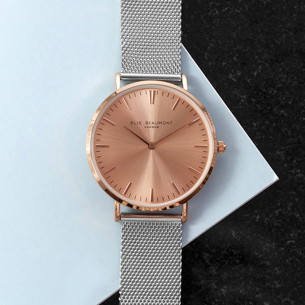 Elie Beaumont Personalised Ladies Metallic Mesh Strap Watch With Rose Gold Dial - treat-republic