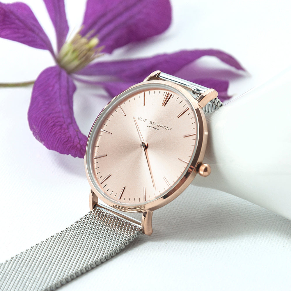 Elie Beaumont Personalised Ladies Metallic Mesh Strap Watch With Rose Gold Dial - treat-republic