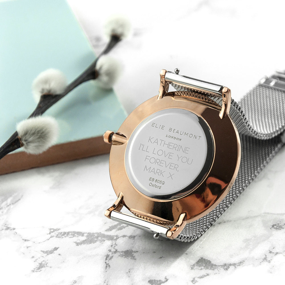 Elie Beaumont Personalised Ladies Metallic Mesh Strap Watch With Rose Gold Dial - treat-republic