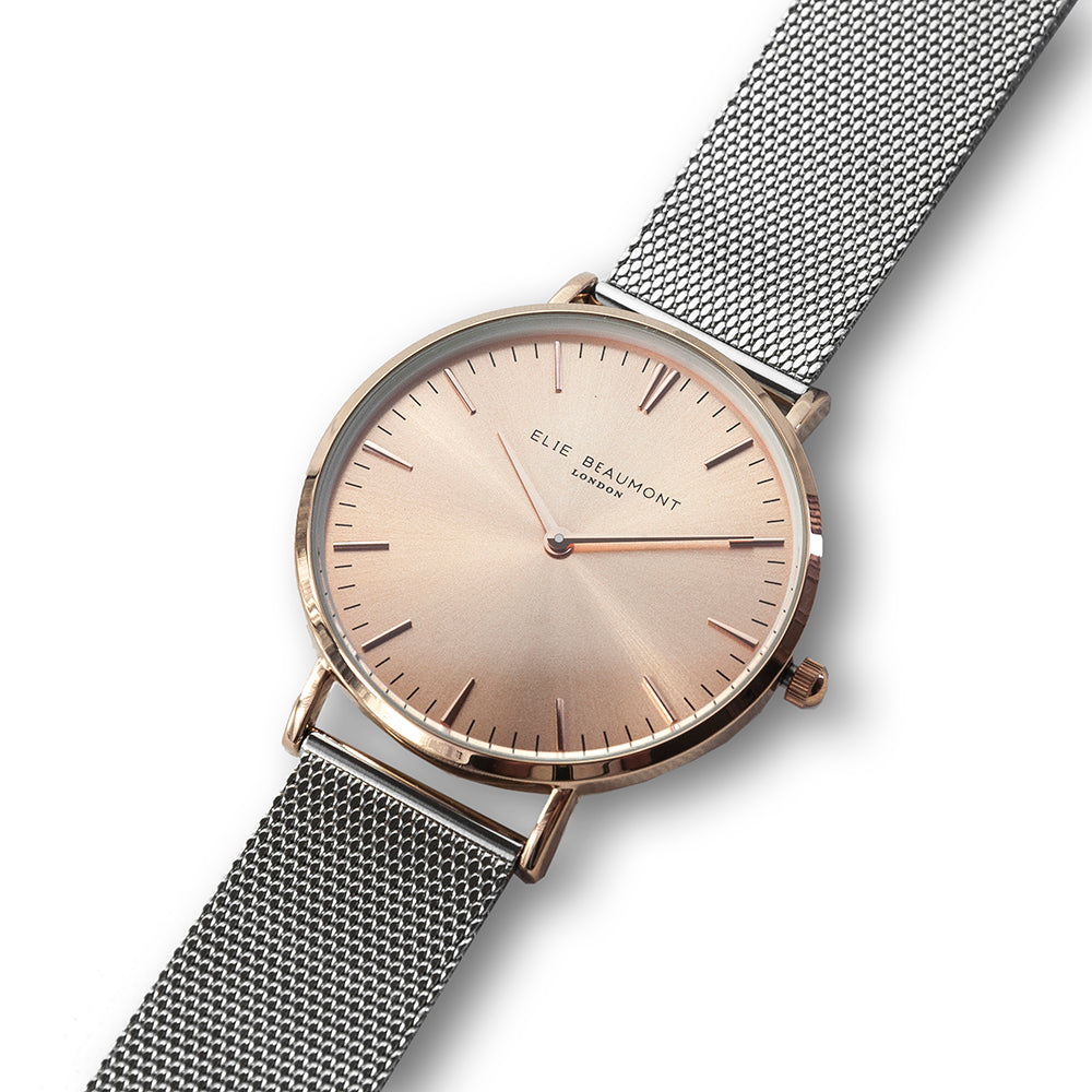 Elie Beaumont Personalised Ladies Metallic Mesh Strap Watch With Rose Gold Dial - treat-republic