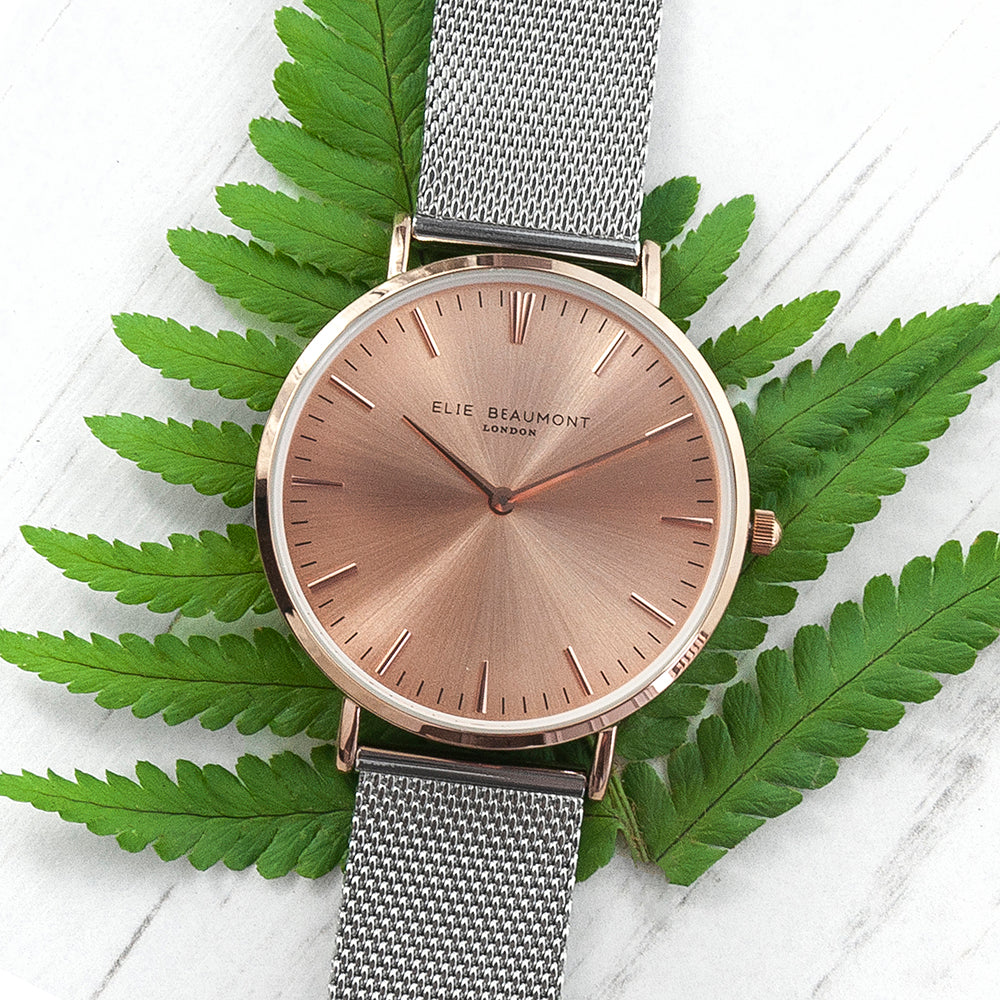 Elie Beaumont Personalised Ladies Metallic Mesh Strap Watch With Rose Gold Dial - treat-republic