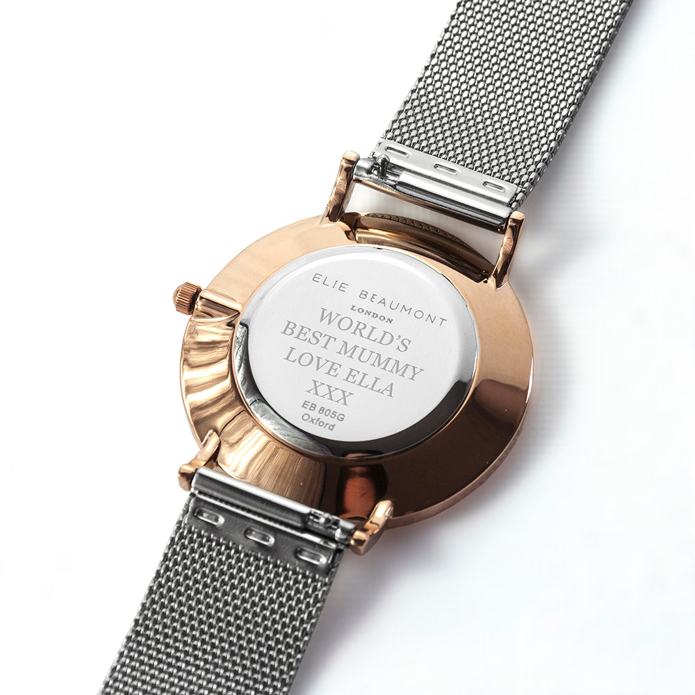 Elie Beaumont Personalised Ladies Metallic Mesh Strap Watch With Rose Gold Dial - treat-republic