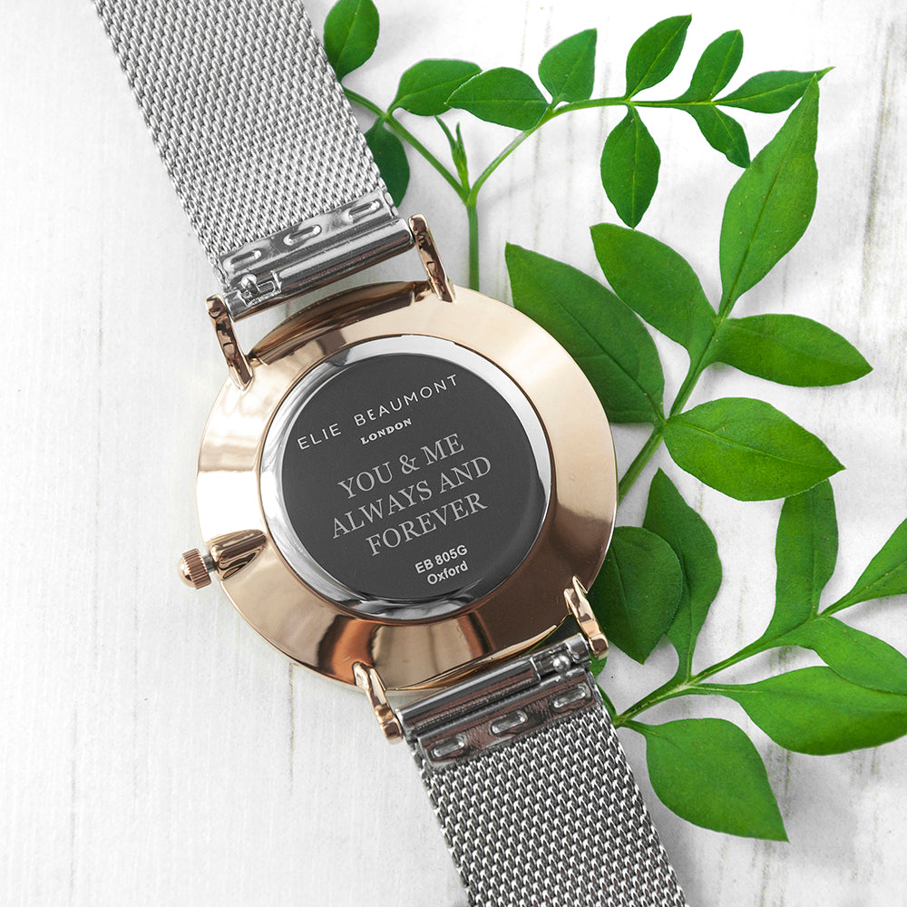 Elie Beaumont Personalised Ladies Metallic Mesh Strap Watch With Rose Gold Dial - treat-republic