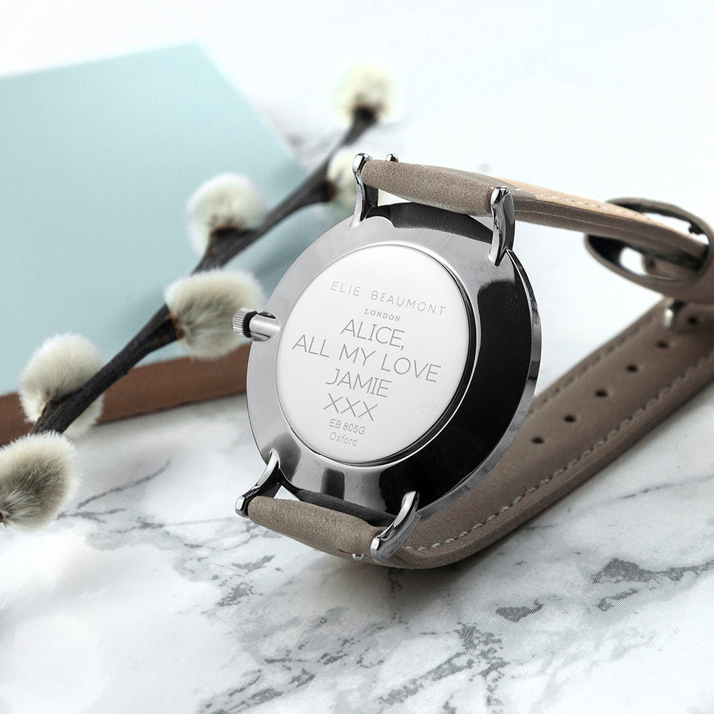 Elie Beaumont Ladies Personalised Leather Watch In Grey & Silver - treat-republic