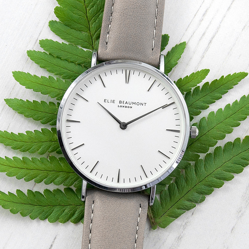 Elie Beaumont Ladies Personalised Leather Watch In Grey & Silver - treat-republic