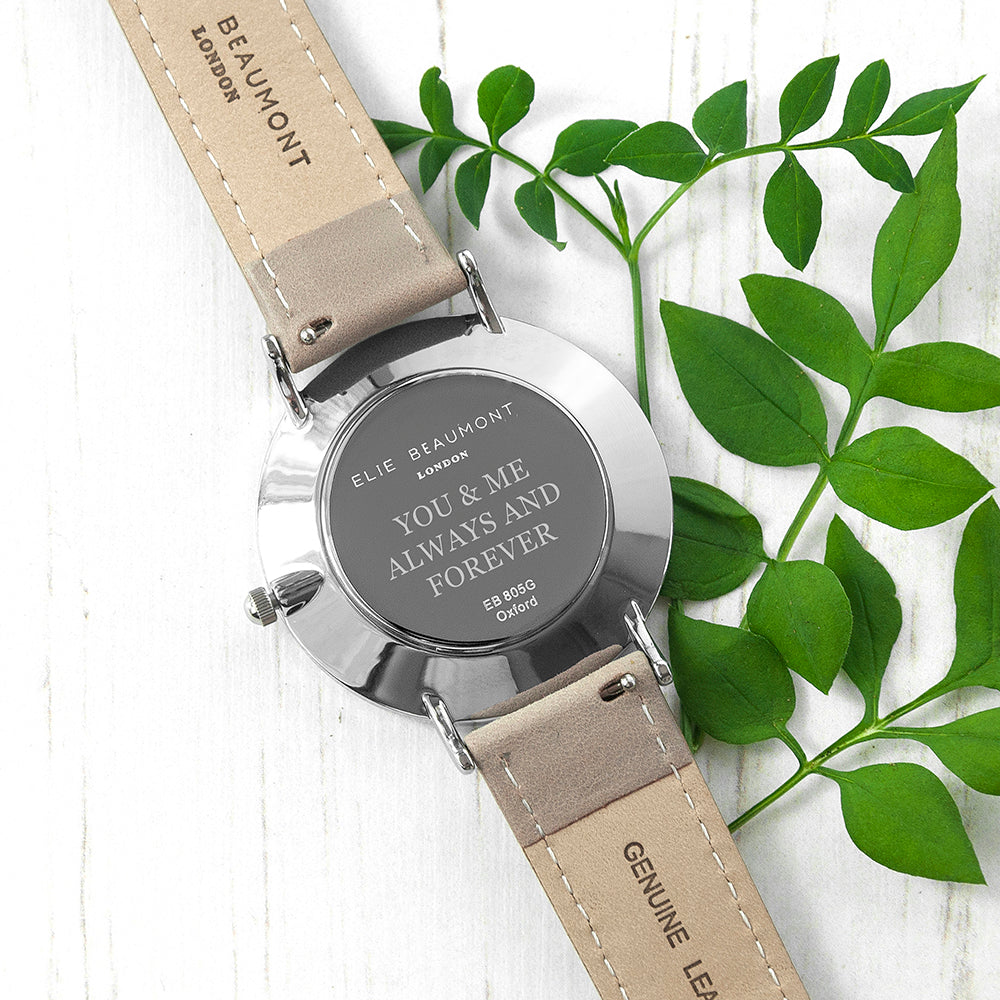 Elie Beaumont Ladies Personalised Leather Watch In Grey & Silver - treat-republic