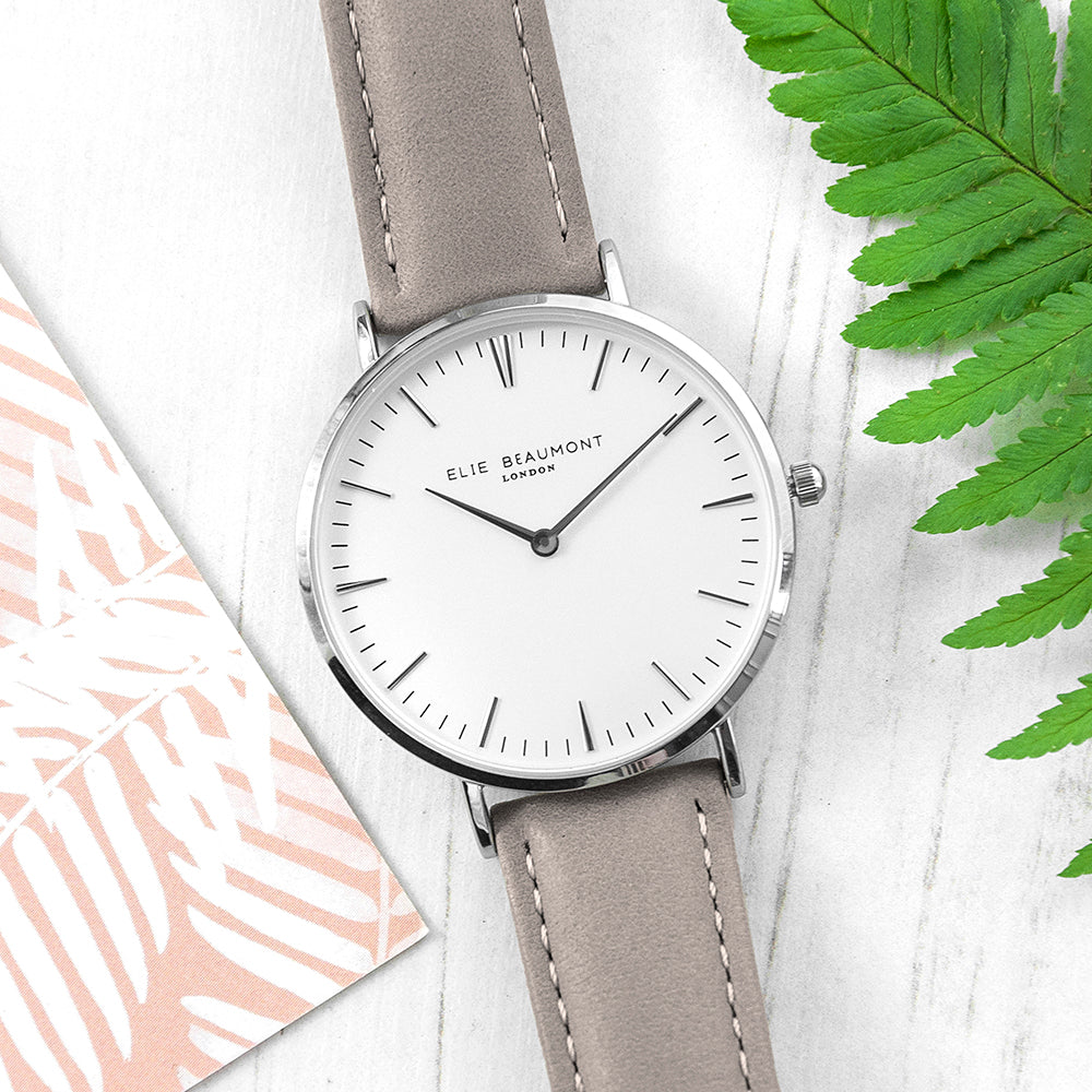 Elie Beaumont Ladies Personalised Leather Watch In Grey & Silver - treat-republic
