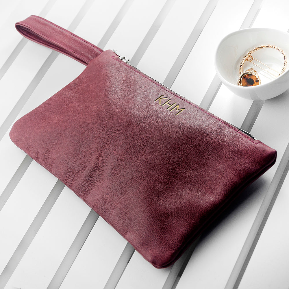 Monogrammed Burgundy Leather Clutch Bag - treat-republic