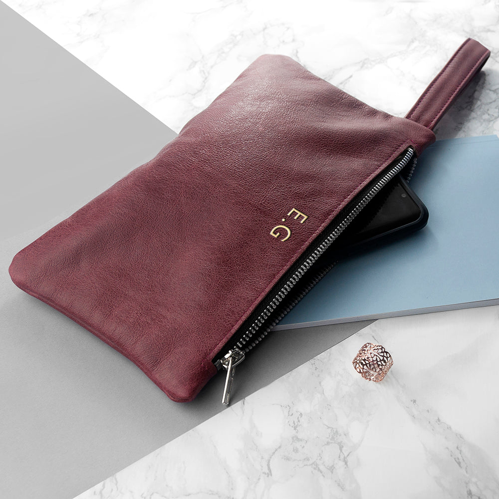 Monogrammed Burgundy Leather Clutch Bag - treat-republic