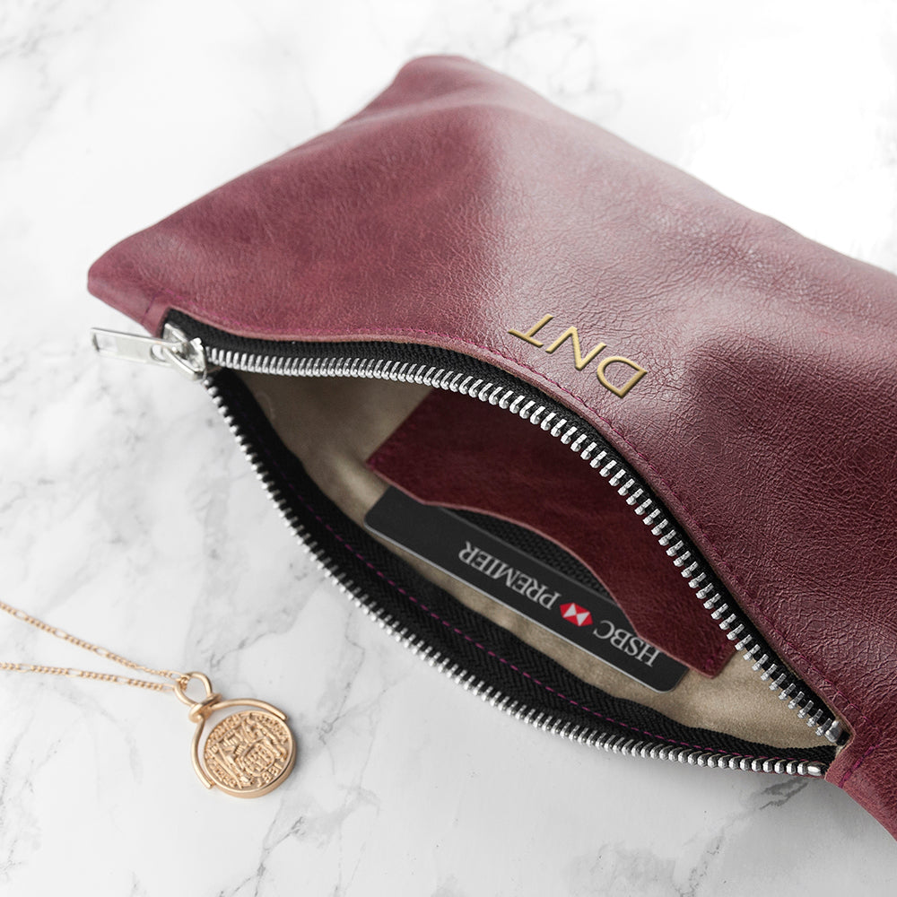 Monogrammed Burgundy Leather Clutch Bag - treat-republic