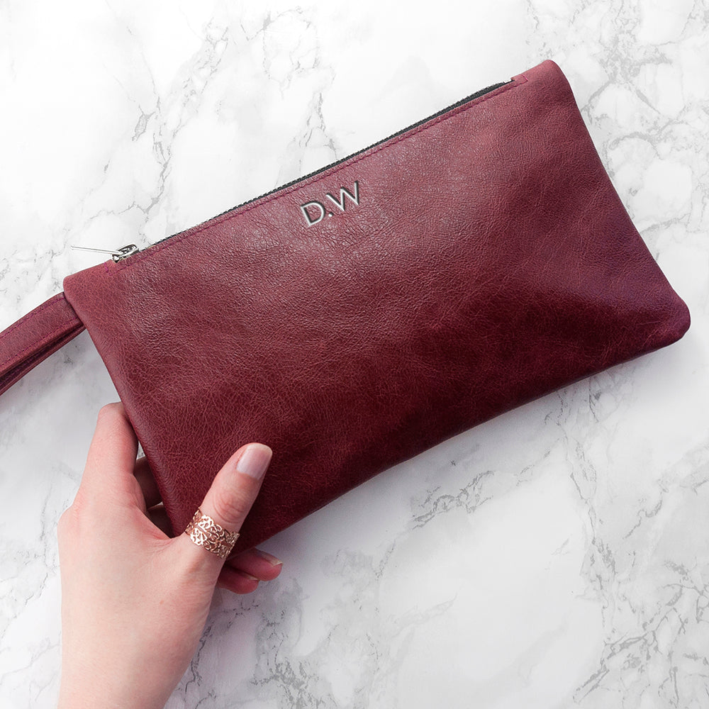 Monogrammed Burgundy Leather Clutch Bag - treat-republic