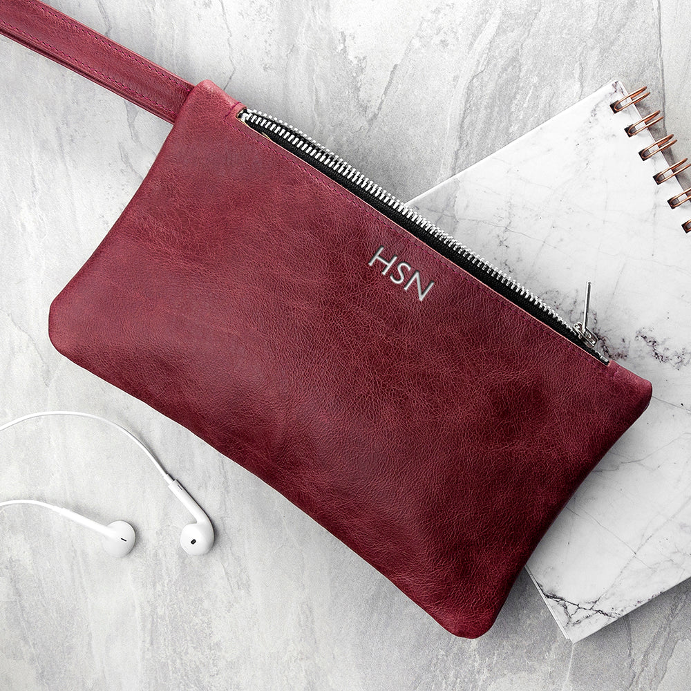 Monogrammed Burgundy Leather Clutch Bag - treat-republic