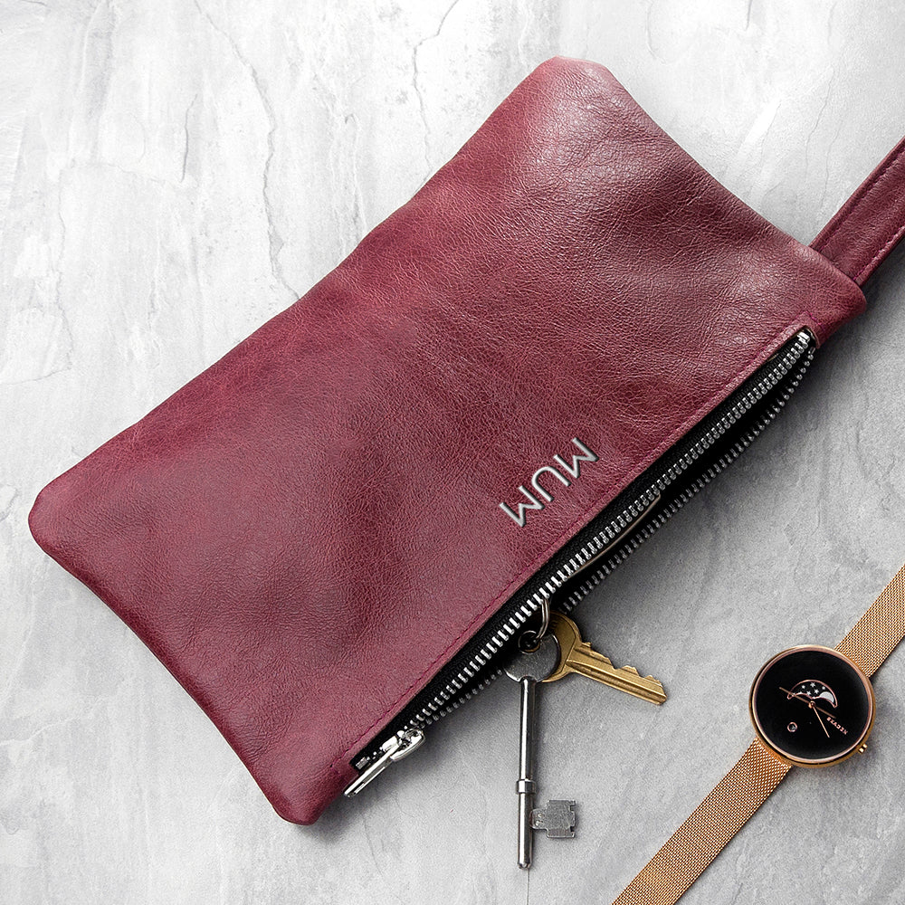 Monogrammed Burgundy Leather Clutch Bag - treat-republic