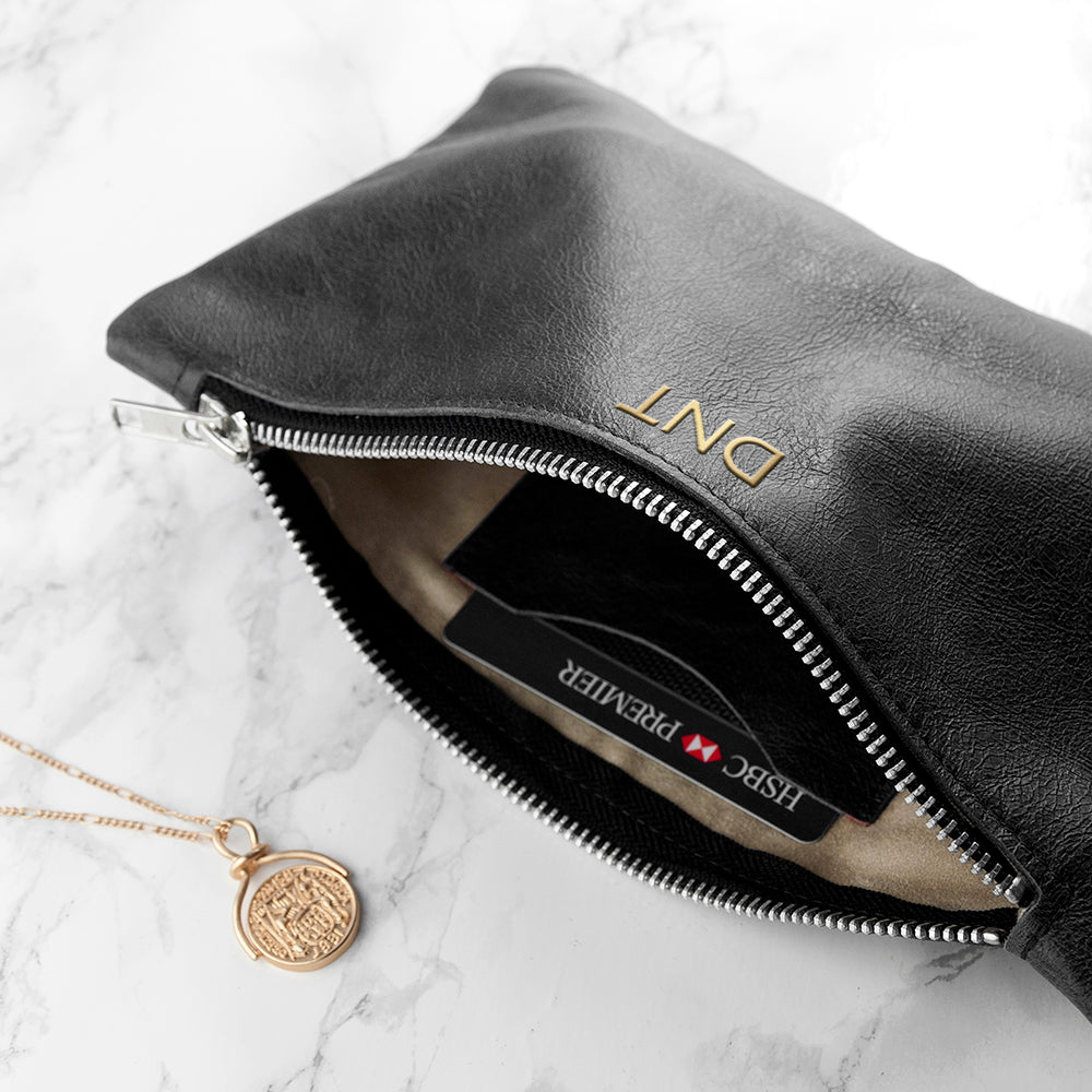 Monogrammed Black Leather Clutch Bag - treat-republic