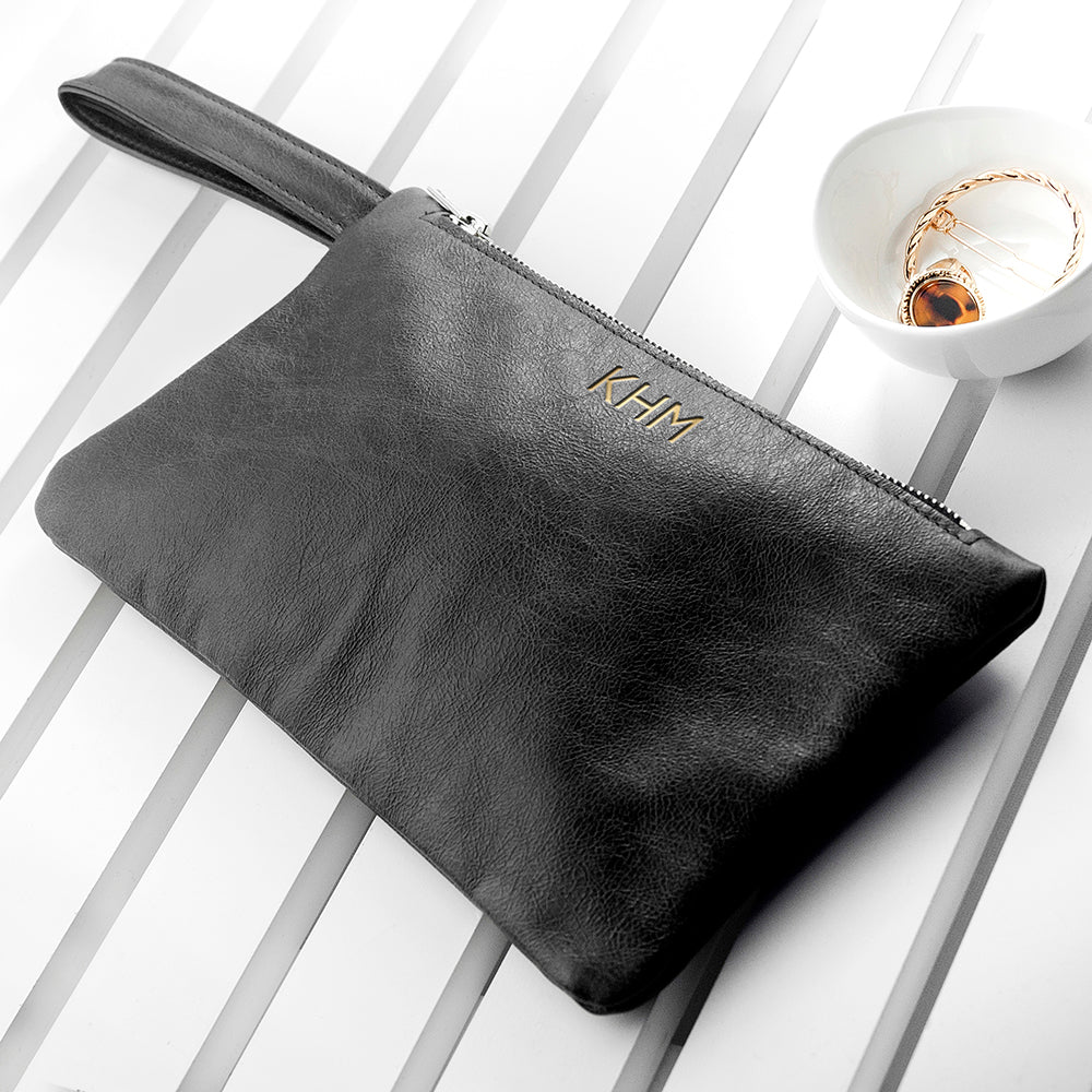 Monogrammed Black Leather Clutch Bag - treat-republic