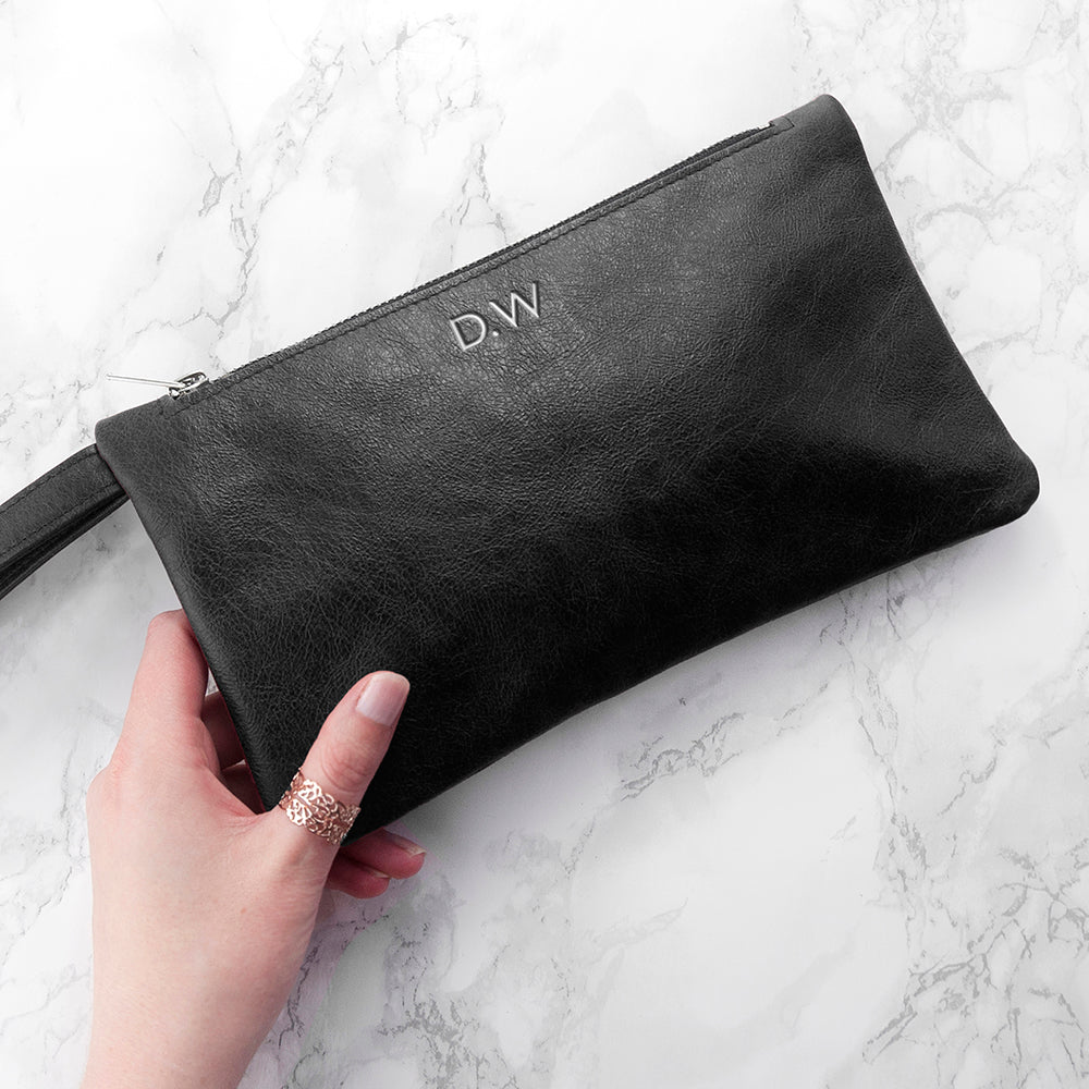 Monogrammed Black Leather Clutch Bag - treat-republic