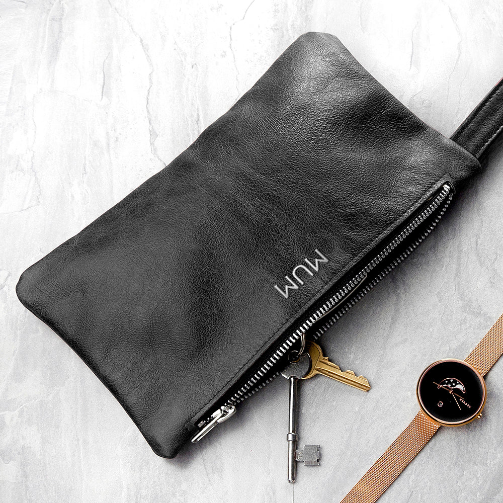 Monogrammed Black Leather Clutch Bag - treat-republic