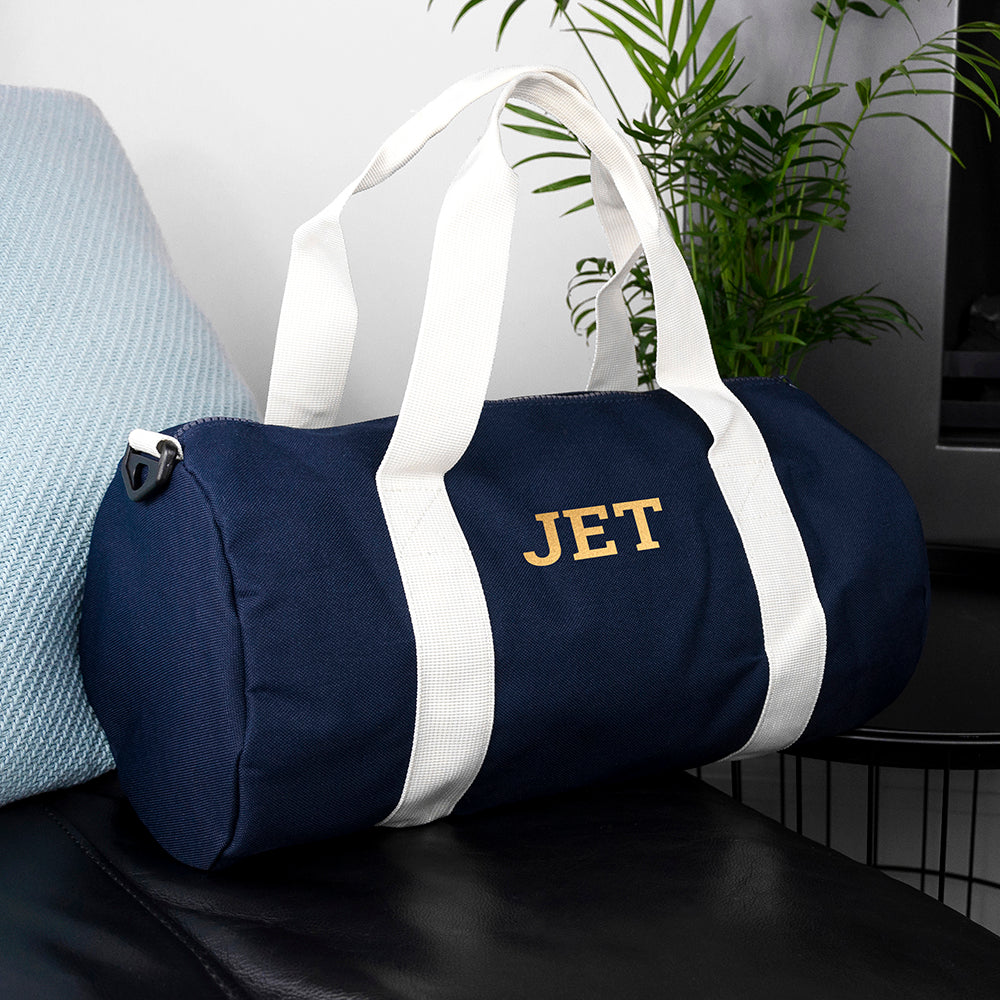 Monogrammed Barrel Gym Bag in Navy - treat-republic