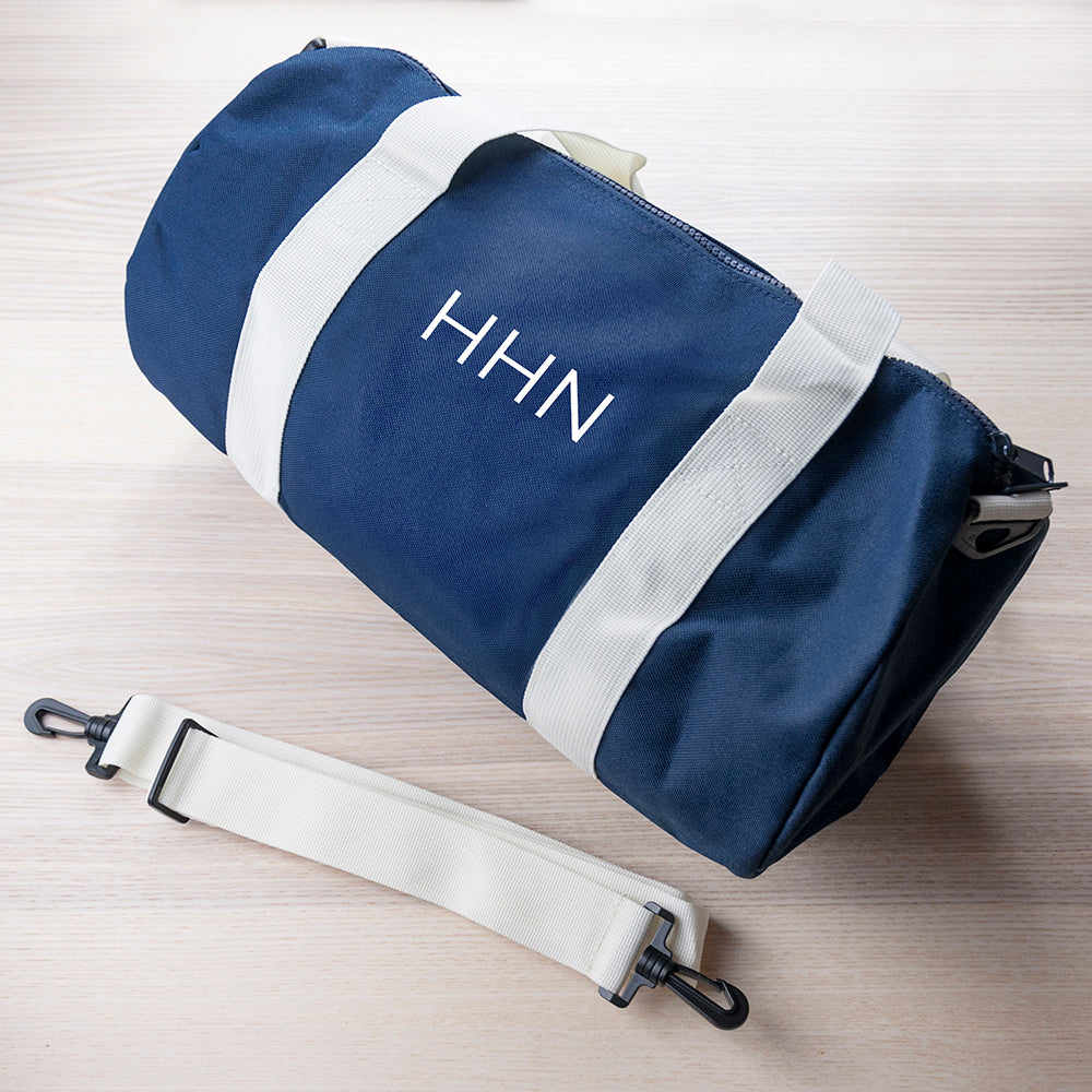 Monogrammed Barrel Gym Bag in Navy - treat-republic