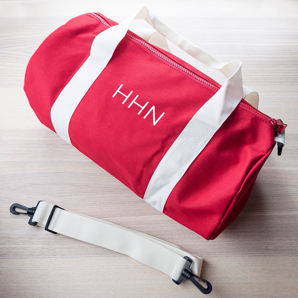 Monogrammed Barrel Gym Bag in Red - treat-republic