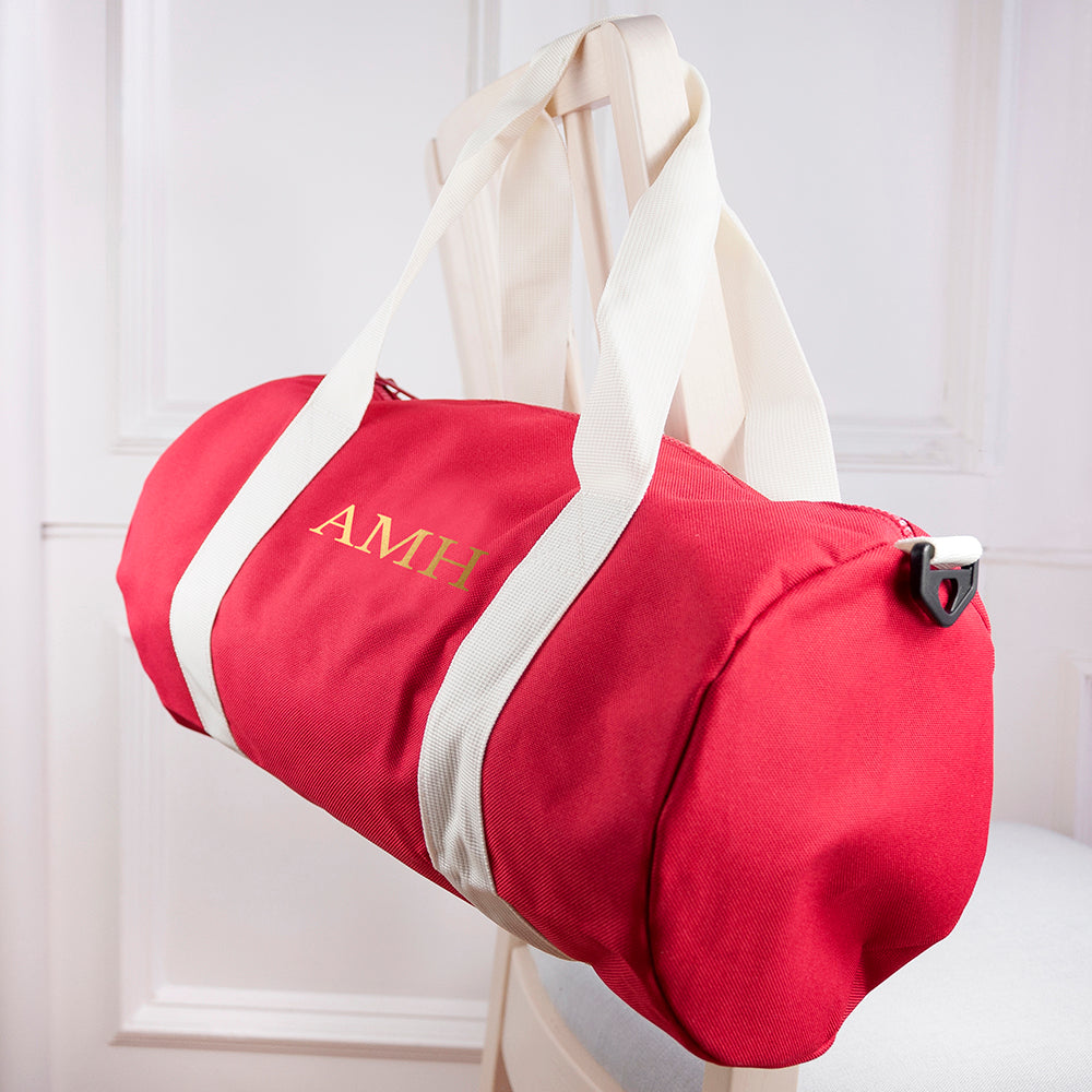 Monogrammed Barrel Gym Bag in Red - treat-republic