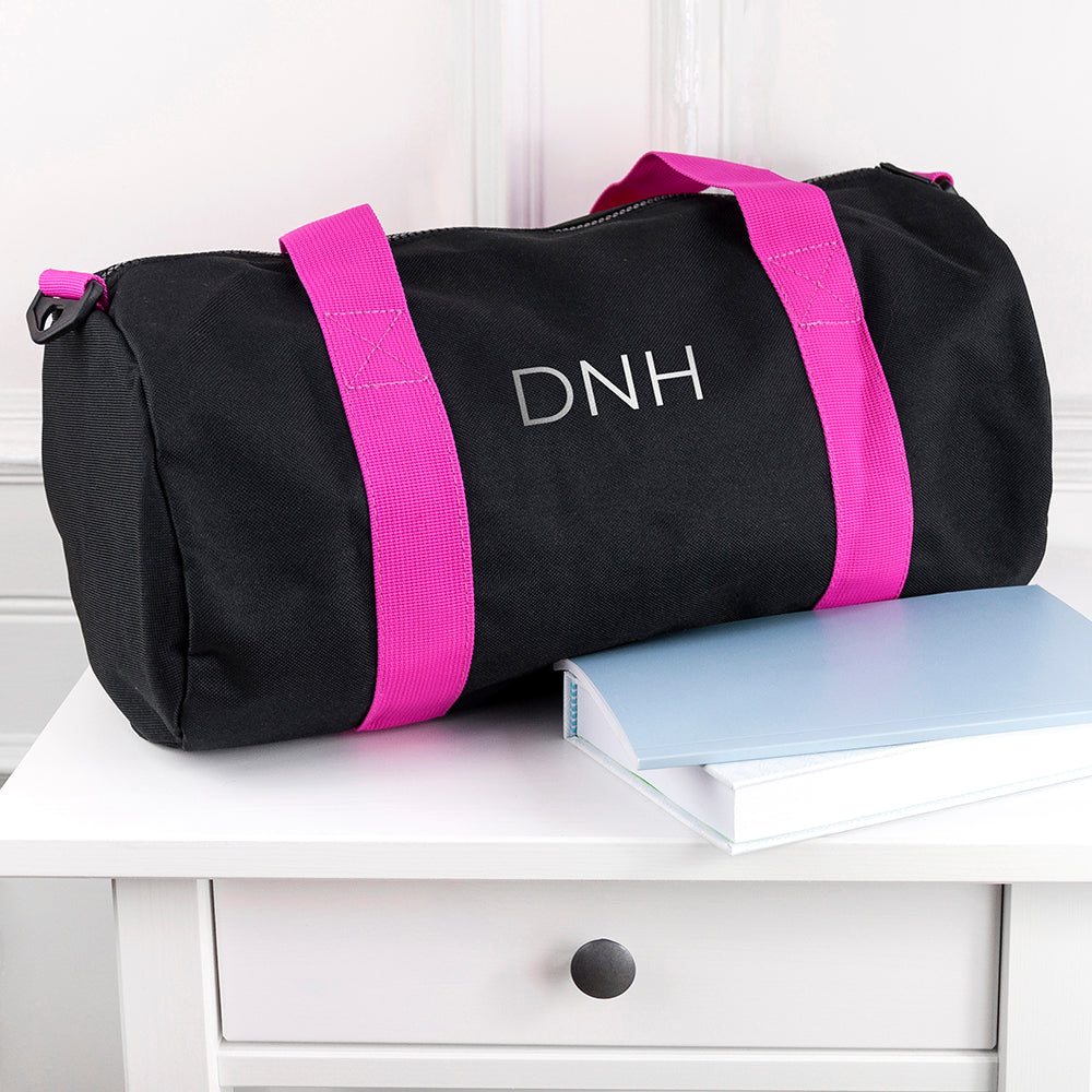 Monogrammed Barrel Gym Bag in Black & Fuchsia - treat-republic