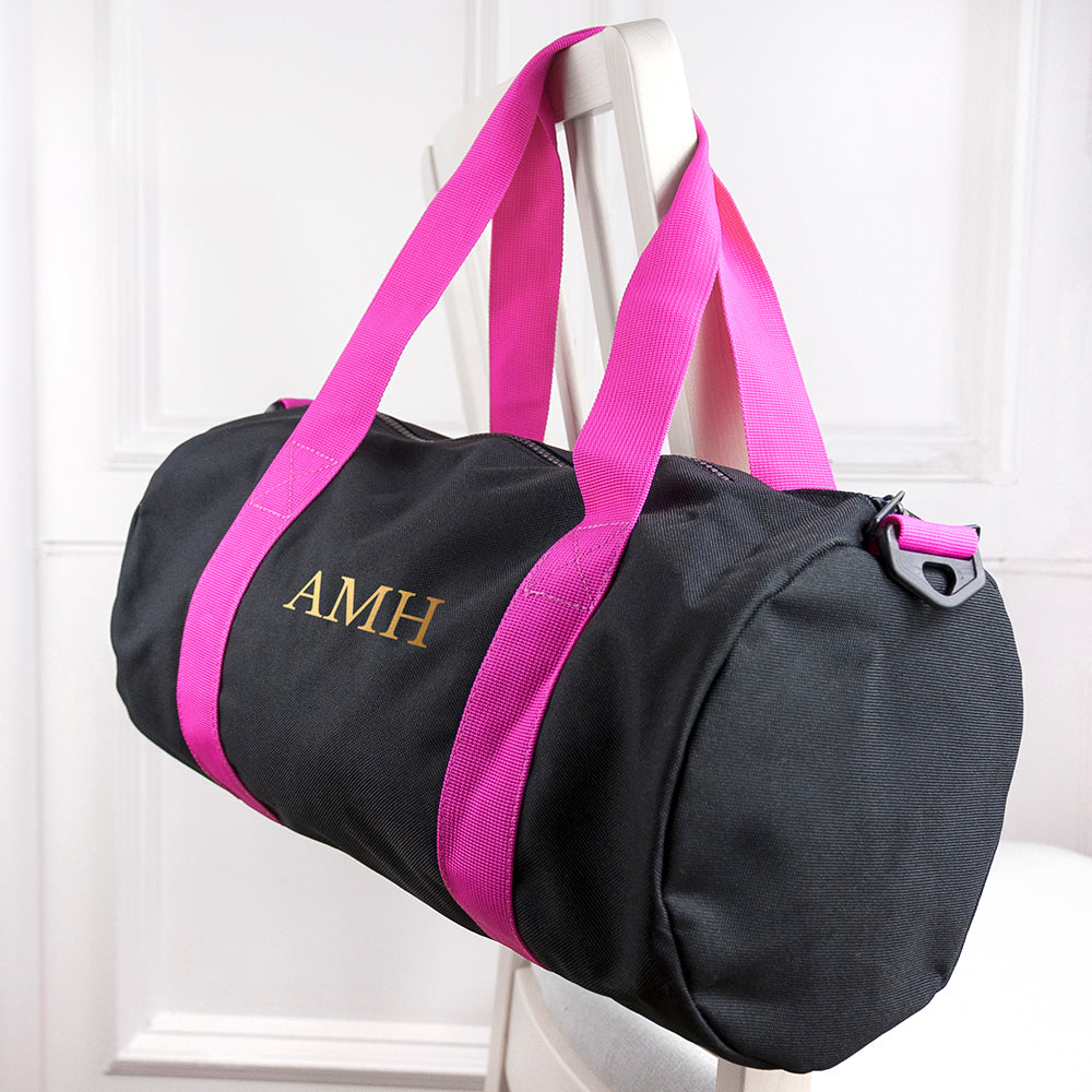 Monogrammed Barrel Gym Bag in Black & Fuchsia - treat-republic