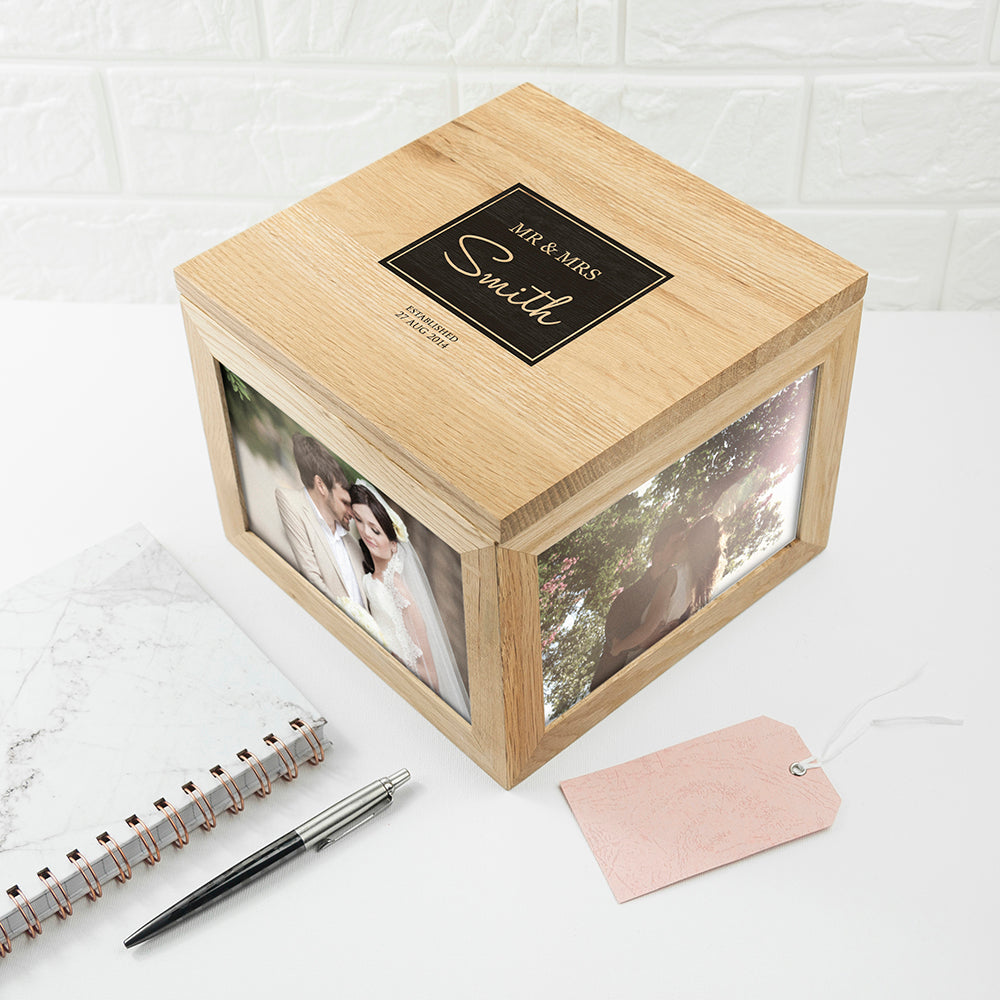 Contemporary Mr & Mrs Oak Photo Keepsake Box - treat-republic