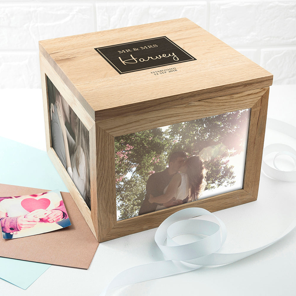 Contemporary Mr & Mrs Oak Photo Keepsake Box - treat-republic