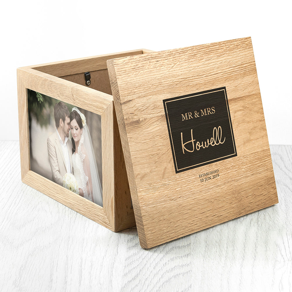 Contemporary Mr & Mrs Oak Photo Keepsake Box - treat-republic