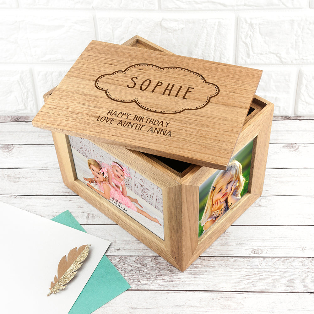 Personalised Baby Name In Cloud Midi Oak Photo Cube Keepsake Box - treat-republic