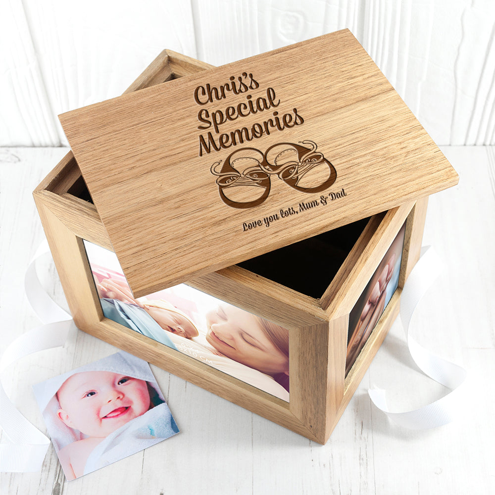 Personalised Baby Shoes Midi Oak Photo Cube Keepsake Box - treat-republic