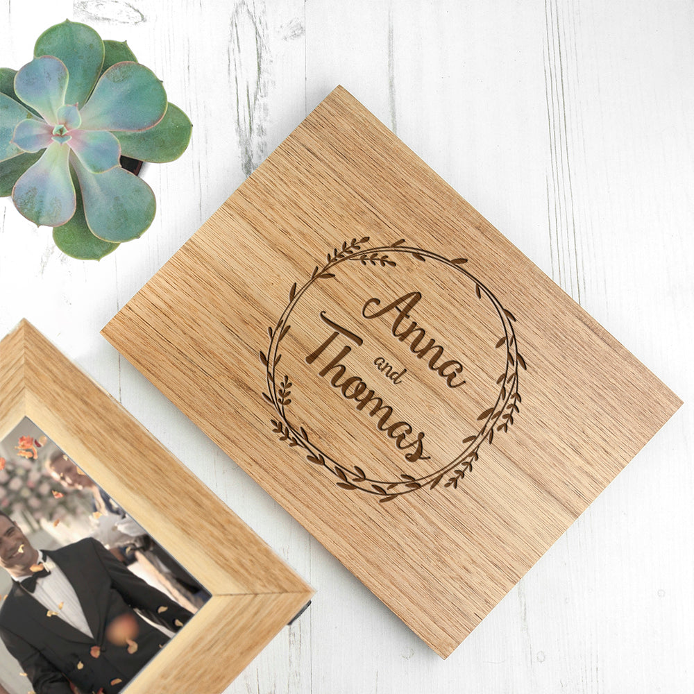 Personalised Couples' Midi Oak Photo Cube Keepsake Box With Wreath Design - treat-republic