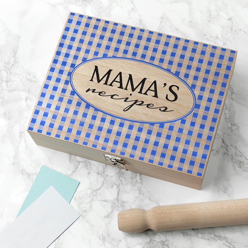 Personalised Gingham Blue Recipe Box - treat-republic