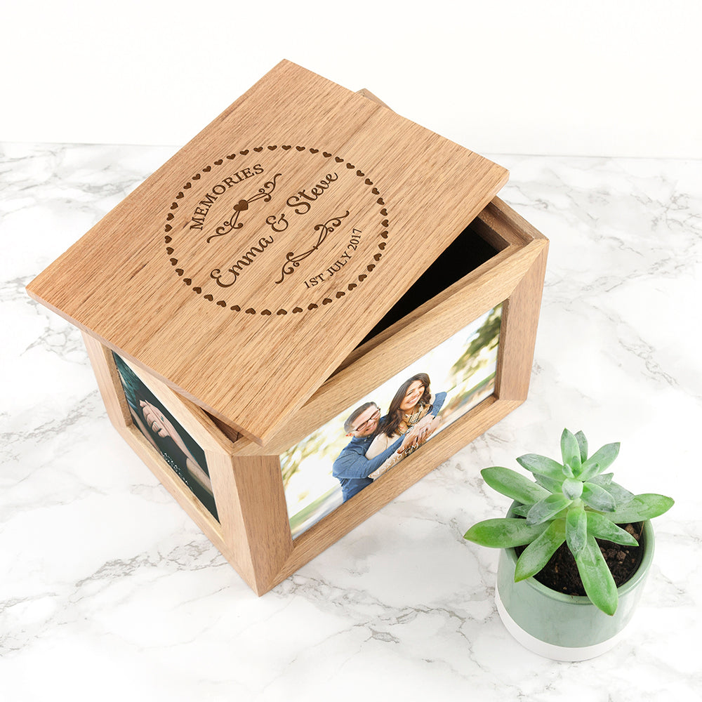 Personalised Heart Framed Couples' Midi Oak Photo Cube Keepsake Box - treat-republic