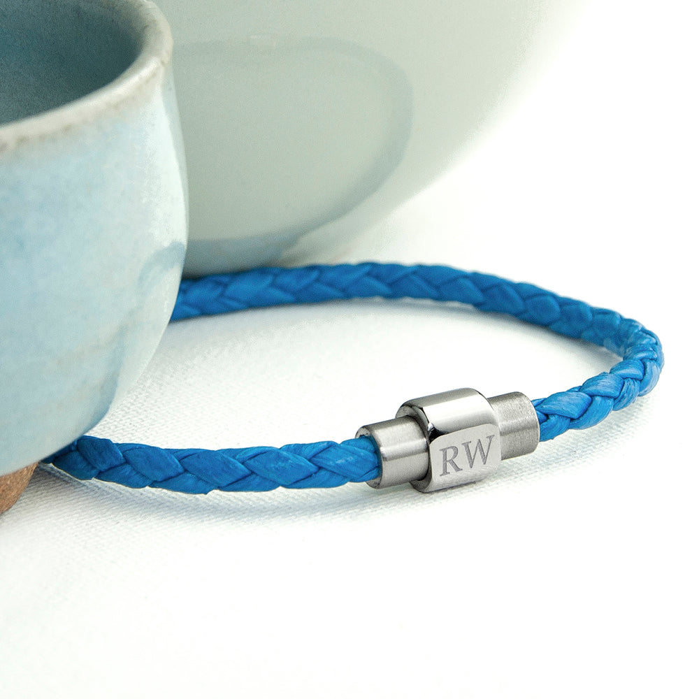Personalised Men's Woven Leather Bracelet in Cobalt Blue - treat-republic