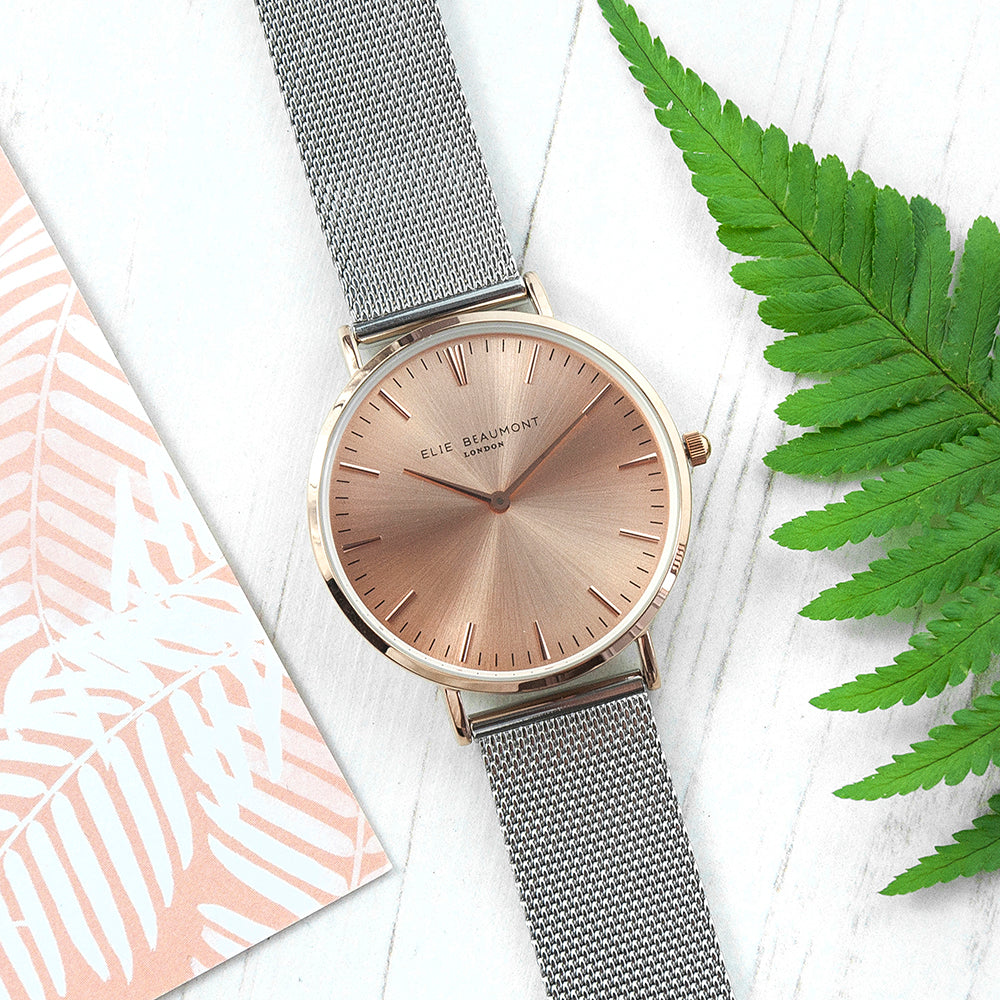 Elie Beaumont Personalised Ladies Metallic Mesh Strap Watch With Rose Gold Dial - treat-republic