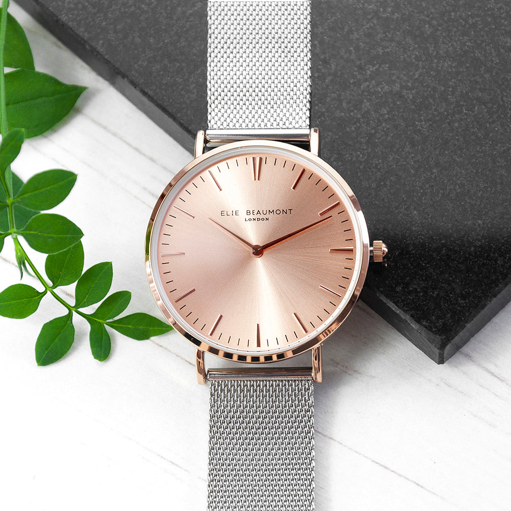 Elie Beaumont Personalised Ladies Metallic Mesh Strap Watch With Rose Gold Dial - treat-republic