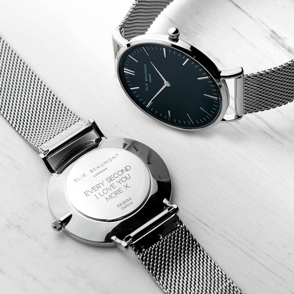 Elie Beaumont Personalised Ladies Metallic Mesh Strapped Watch With Black Dial - treat-republic