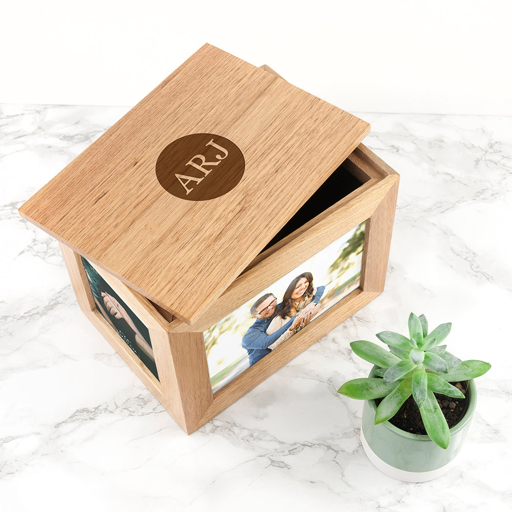 Personalised Midi Oak Photo Cube Keepsake Box With Initials - treat-republic