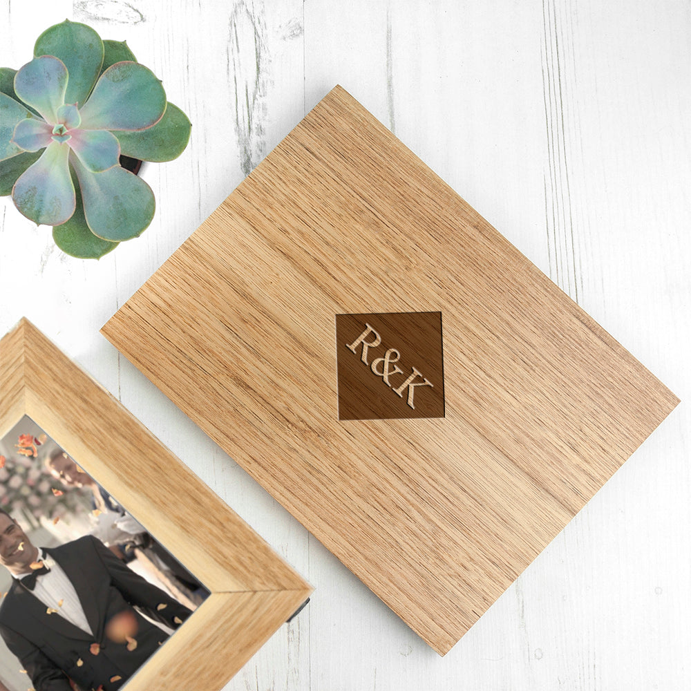 Personalised Midi Oak Photo Cube Keepsake Box With Initials - treat-republic
