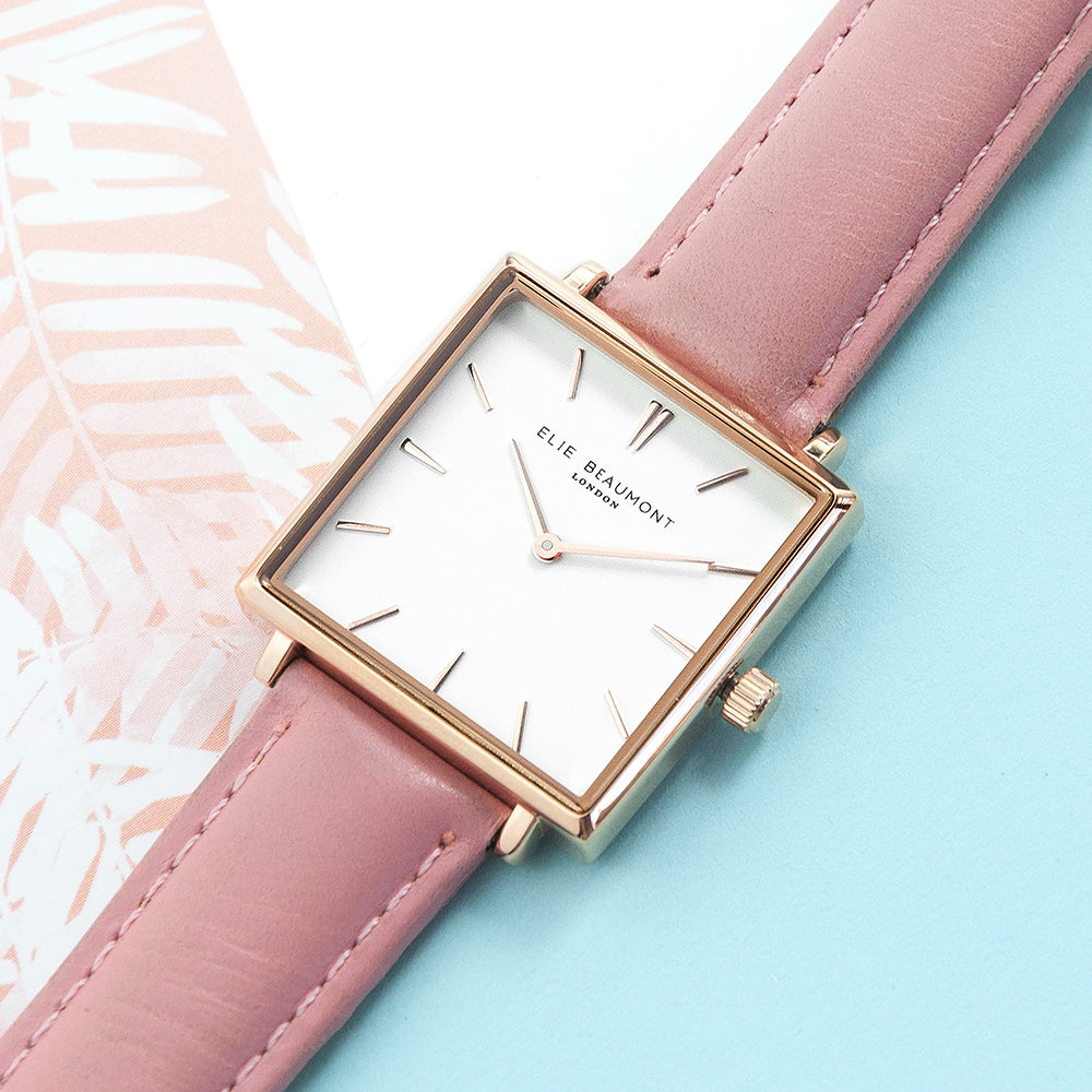 Personalised Pink Blush Square Leather Watch - treat-republic